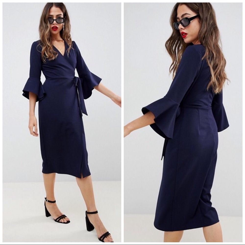 ASOS Navy Wrap Dress With Flutter Sleeves